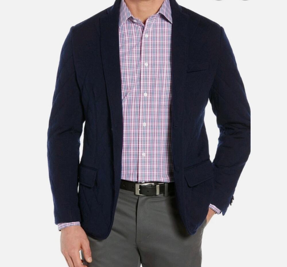 Peter Millar Mens 2X Navy Blue Quilted Merino Wool Blazer Designer Jacket NEW